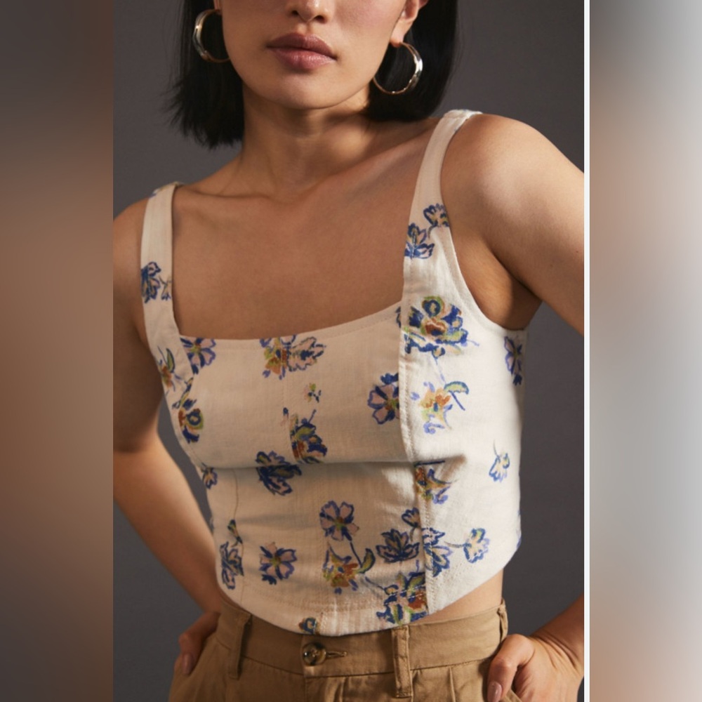 Pilcro Floral Tank Top in Cream and Blue
